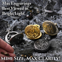 Load image into Gallery viewer, Micro Metal Dice Set for DND - MiniChrono’s Tiny Dice in Hollow Dragon Pocketwatch Case
