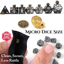 Load image into Gallery viewer, Micro Metal Dice Set for DND - MiniChrono’s Tiny Dice in Hollow Dragon Pocketwatch Case
