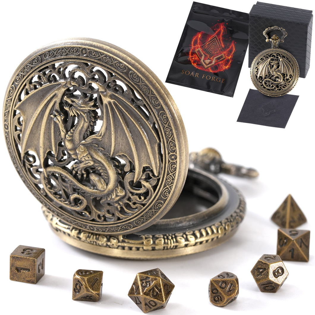 Micro Metal Dice Set for DND - MiniChrono’s Tiny Dice in Hollow Dragon Pocketwatch Case Hollow Bronze