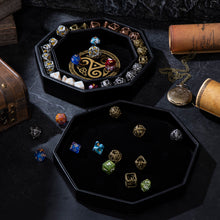 Load image into Gallery viewer, DND Dice Tray Gold 3 Interlocked Triangles (Valknut) and Dragon Design
