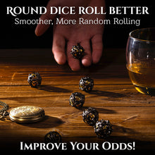 Load image into Gallery viewer, Unique 7-Piece Round Hollow Orb Metal Dice Set - Dragon Design
