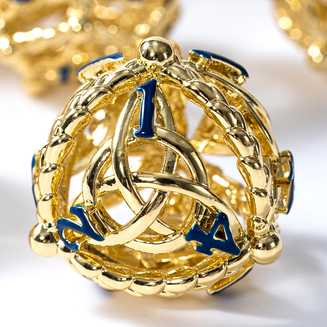 Unique 7-Piece Round Hollow Orb Metal Dice Set - Celtic Knot Design Gold Blue
