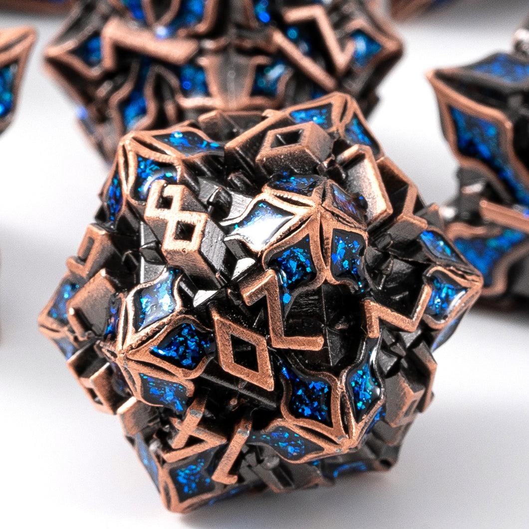 Metal Dice for DND - Spire Sanctum Series - Beautiful Polyhedral 7 Piece Dice Set (Antique Copper Blue Glitter)