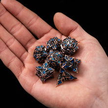 Load image into Gallery viewer, Metal Dice for DND - Spire Sanctum Series - Beautiful Polyhedral 7 Piece Dice Set (Antique Copper Blue Glitter)
