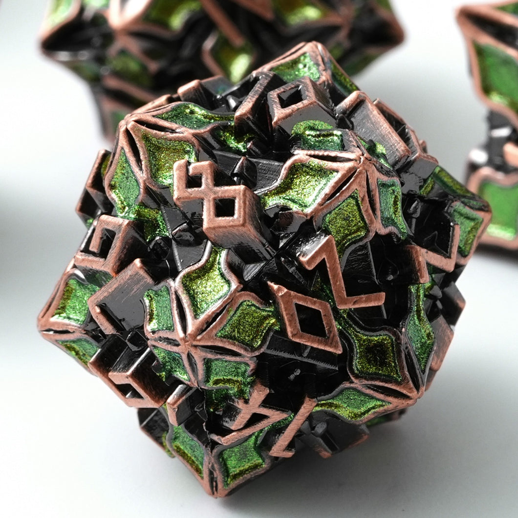 Metal Dice for DND - Spire Sanctum Series - Beautiful Polyhedral 7 Piece Dice Set (Antique Copper Green Glitter)