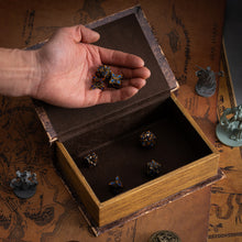 Load image into Gallery viewer, Metal Dice for DND - Spire Sanctum Series - Beautiful Polyhedral 7 Piece Dice Set (Antique Gold Blue Glitter)
