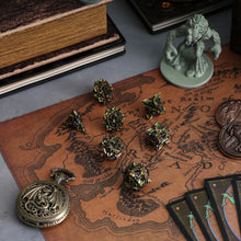 Load image into Gallery viewer, Metal Dice for DND - Spire Sanctum Series - Beautiful Polyhedral 7 Piece Dice Set (Antique Copper Green Glitter)
