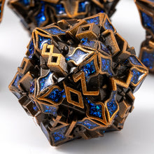 Load image into Gallery viewer, Metal Dice for DND - Spire Sanctum Series - Beautiful Polyhedral 7 Piece Dice Set (Antique Gold Blue Glitter)
