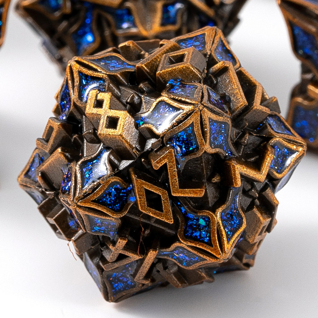 Metal Dice for DND - Spire Sanctum Series - Beautiful Polyhedral 7 Piece Dice Set (Antique Gold Blue Glitter)