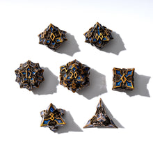 Load image into Gallery viewer, Metal Dice for DND - Spire Sanctum Series - Beautiful Polyhedral 7 Piece Dice Set (Antique Gold Blue Glitter)
