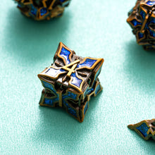 Load image into Gallery viewer, Metal Dice for DND - Spire Sanctum Series - Beautiful Polyhedral 7 Piece Dice Set (Antique Gold Blue Glitter)
