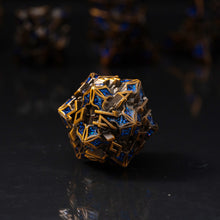 Load image into Gallery viewer, Metal Dice for DND - Spire Sanctum Series - Beautiful Polyhedral 7 Piece Dice Set (Antique Gold Blue Glitter)
