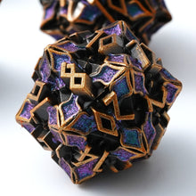 Load image into Gallery viewer, Metal Dice for DND - Spire Sanctum Series - Beautiful Polyhedral 7 Piece Dice Set (Antique Gold Purple Glitter)
