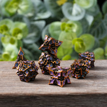 Load image into Gallery viewer, Metal Dice for DND - Spire Sanctum Series - Beautiful Polyhedral 7 Piece Dice Set (Antique Gold Purple Glitter)
