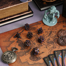 Load image into Gallery viewer, Metal Dice for DND - Spire Sanctum Series - Beautiful Polyhedral 7 Piece Dice Set (Antique Gold Purple Glitter)
