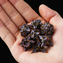 Load image into Gallery viewer, Metal Dice for DND - Spire Sanctum Series - Beautiful Polyhedral 7 Piece Dice Set (Antique Gold Purple Glitter)
