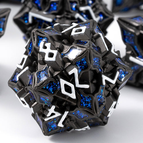 Metal Dice for DND - Spire Sanctum Series - Beautiful Polyhedral 7 Piece Dice Set (Black Matte Blue Glitter)