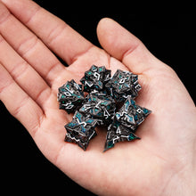 Load image into Gallery viewer, Metal Dice for DND - Spire Sanctum Series - Beautiful Polyhedral 7 Piece Dice Set (Black Matte Green Glitter)

