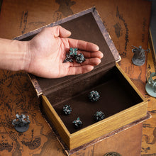 Load image into Gallery viewer, Metal Dice for DND - Spire Sanctum Series - Beautiful Polyhedral 7 Piece Dice Set (Black Matte Green Glitter)
