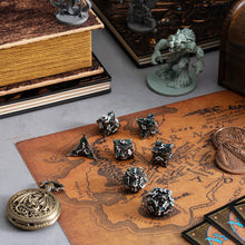 Load image into Gallery viewer, Metal Dice for DND - Spire Sanctum Series - Beautiful Polyhedral 7 Piece Dice Set (Antique Silver Green Glitter)
