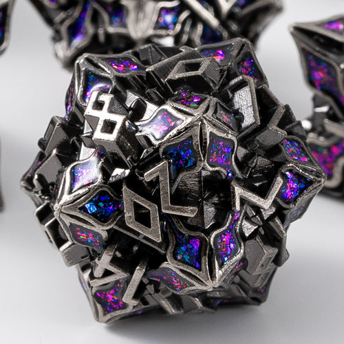 Metal Dice for DND - Spire Sanctum Series - Beautiful Polyhedral 7 Piece Dice Set (Antique Silver Purple Glitter)