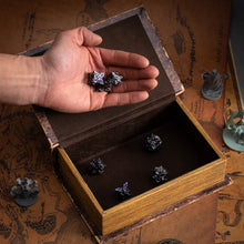 Load image into Gallery viewer, Metal Dice for DND - Spire Sanctum Series - Beautiful Polyhedral 7 Piece Dice Set (Antique Silver Purple Glitter)
