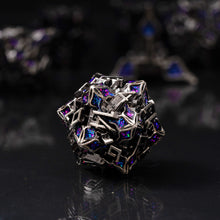 Load image into Gallery viewer, Metal Dice for DND - Spire Sanctum Series - Beautiful Polyhedral 7 Piece Dice Set (Antique Silver Purple Glitter)

