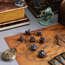 Load image into Gallery viewer, Metal Dice for DND - Spire Sanctum Series - Beautiful Polyhedral 7 Piece Dice Set (Antique Silver Purple Glitter)
