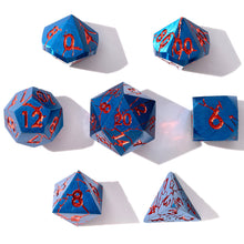Load image into Gallery viewer, Beautiful Cracked Blue with Red Cracks Polyhedral Metal Dice Set
