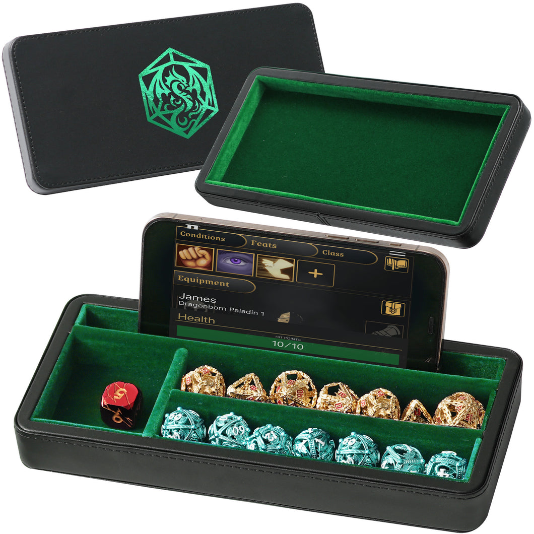 Dice Sanctum Dice Box - Premium Case & Dice Tray for DND - Phone/Mini-Tablet/Pen Slot, Magnetic Lid and Storage for Dice, Mini's and More Green