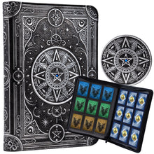 Load image into Gallery viewer, Star Mage Trading Card Binder - 9 Pocket Ringless TCG Binder - Premium Faux-Leather - 432 Side-Loading Pockets - Perfect Storage Holder for MTG, and Many TCG &amp; Trading Card Collections Black Silver + Blue Gem
