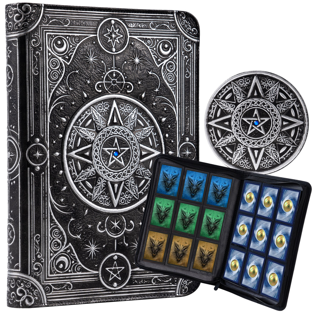 Star Mage Trading Card Binder - 9 Pocket Ringless TCG Binder - Premium Faux-Leather - 432 Side-Loading Pockets - Perfect Storage Holder for MTG, and Many TCG & Trading Card Collections Black Silver + Blue Gem