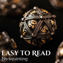 Load image into Gallery viewer, Unique 7-Piece Round Hollow Orb Metal Dice Set - Dragon Design

