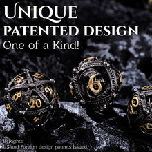 Load image into Gallery viewer, Unique 7-Piece Round Hollow Orb Metal Dice Set - Dragon Design
