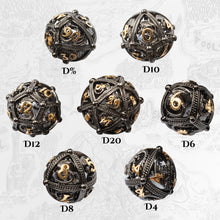 Load image into Gallery viewer, Unique 7-Piece Round Hollow Orb Metal Dice Set - Dragon Design
