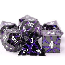 Load image into Gallery viewer, Beautiful Gunmetal Purple Glitter Cracks Metal Dice Set
