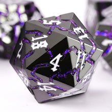 Load image into Gallery viewer, Polyhedral Metal Dice Set for DND - Crack Design (All Variations) Gunmetal Purple Glitter
