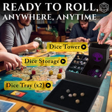 Load image into Gallery viewer, Dice Tray and Dice Tower for DND and RPG - All-in-One Game Roamer Tray &amp; Large Tower for Random Rolls (Purple Tree)
