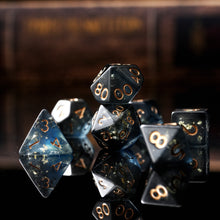 Load image into Gallery viewer, Resin Dice Set for DND and RPG – 7pc Polyhedral Set with Glitter and Foil
