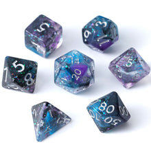 Load image into Gallery viewer, Resin Dice Set for DND – 7pc Polyhedral Set with Glitter and Foil – Stunning and Cool RPG Dice Compatible with Dungeons &amp; Dragons, Pathfinder, and Other TTRPGs Astral Shroud
