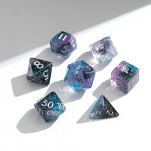 Load image into Gallery viewer, Resin Dice Set for DND – 7pc Polyhedral Set with Glitter and Foil – Stunning and Cool RPG Dice Compatible with Dungeons &amp; Dragons, Pathfinder, and Other TTRPGs
