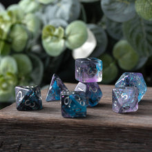 Load image into Gallery viewer, Resin Dice Set for DND – 7pc Polyhedral Set with Glitter and Foil – Stunning and Cool RPG Dice Compatible with Dungeons &amp; Dragons, Pathfinder, and Other TTRPGs
