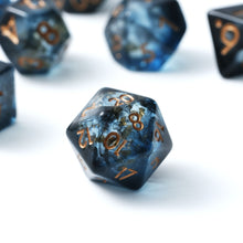 Load image into Gallery viewer, Resin Dice Set for DND – 7pc Polyhedral Set with Glitter and Foil – Stunning and Cool RPG Dice Compatible with Dungeons &amp; Dragons, Pathfinder, and Other TTRPGs
