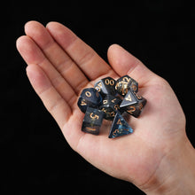 Load image into Gallery viewer, Resin Dice Set for DND – 7pc Polyhedral Set with Glitter and Foil – Stunning and Cool RPG Dice Compatible with Dungeons &amp; Dragons, Pathfinder, and Other TTRPGs
