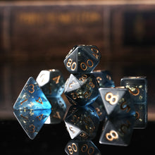 Load image into Gallery viewer, Resin Dice Set for DND – 7pc Polyhedral Set with Glitter and Foil – Stunning and Cool RPG Dice Compatible with Dungeons &amp; Dragons, Pathfinder, and Other TTRPGs
