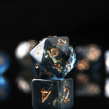 Load image into Gallery viewer, Resin Dice Set for DND – 7pc Polyhedral Set with Glitter and Foil – Stunning and Cool RPG Dice Compatible with Dungeons &amp; Dragons, Pathfinder, and Other TTRPGs
