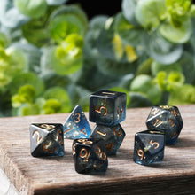 Load image into Gallery viewer, Resin Dice Set for DND – 7pc Polyhedral Set with Glitter and Foil – Stunning and Cool RPG Dice Compatible with Dungeons &amp; Dragons, Pathfinder, and Other TTRPGs
