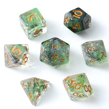 Load image into Gallery viewer, Resin Dice Set for DND – 7pc Polyhedral Set with Glitter and Foil – Stunning and Cool RPG Dice Compatible with Dungeons &amp; Dragons, Pathfinder, and Other TTRPGs Green Black with Glitter
