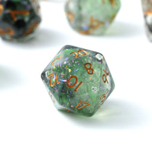 Load image into Gallery viewer, Resin Dice Set for DND – 7pc Polyhedral Set with Glitter and Foil – Stunning and Cool RPG Dice Compatible with Dungeons &amp; Dragons, Pathfinder, and Other TTRPGs
