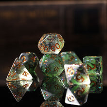 Load image into Gallery viewer, Resin Dice Set for DND – 7pc Polyhedral Set with Glitter and Foil – Stunning and Cool RPG Dice Compatible with Dungeons &amp; Dragons, Pathfinder, and Other TTRPGs
